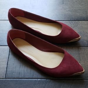 Red Suede Pointed Flats with Gold Tips